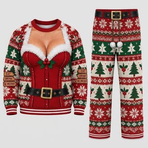 May include: A long-sleeve sweater and pants set featuring a red, green, and white Christmas pattern. The sweater displays a printed corset design with white faux fur trim, a black belt, and the text EAT DRINK BE MERRY. The pants have a matching belt.