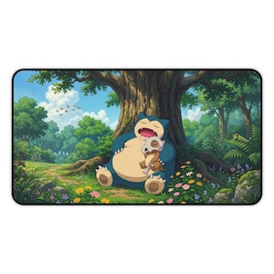 Sleeping Snorlax Cubone Forest Desk Mat, Wholesome Nature Anime Landscape Mousepad, Tree Flowers Cozy Desk Pad, Cute Anime Gamer Setup Decor
