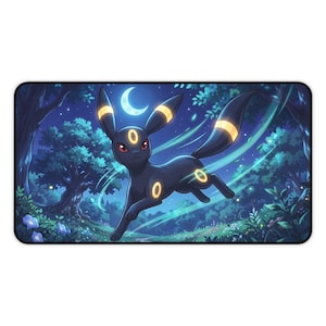 Umbreon Night Forest Desk Mat | Ethereal Crescent Moon Anime Mousepad | Dark Type Glowing Forest Desk Pad | Mystic Gamer Setup Decor