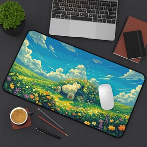 Snorlax Sleeping Flower Field Desk Mat | Retro Pixel Art Meadow Anime Mousepad | Sunny Sky Wildflower Desk Pad | Gift for Her Him
