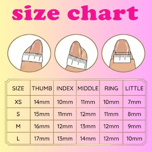 May include: A size chart for nail sizing, with the text "size chart" in pink. The chart shows how to measure nails with a ruler, and includes measurements in millimeters for thumb, index, middle, ring, and little fingers.