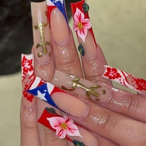 May include: Long, acrylic nails with a variety of designs. Some nails feature the Puerto Rican flag, while others have gold embellishments and 3D pink flowers with green leaves. The nails are painted in red, white, blue, and nude colors.
