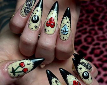 Traditional Tattoo Flash Press on Nails | Old School Hand Painted Stiletto Nails | Rockabilly 8 Ball & Cherry Custom Glue ons