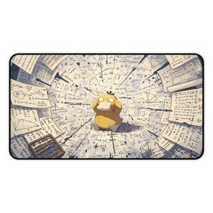 May include: A rectangular desk mat featuring a yellow cartoon duck character centered amidst a chaotic background of floating papers covered in complex mathematical equations, geometric diagrams, and a small wooden abacus in the bottom left corner.