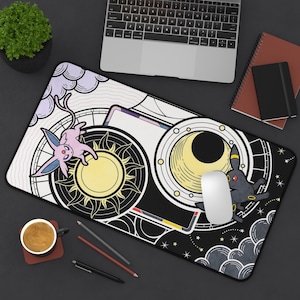 Espeon Umbreon Sun Moon Desk Mat | Celestial Cosmic Anime Mousepad | Day Night Tarot Wheel Desk Pad | Celestial Gamer Setup Decor
