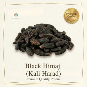 May include: A pile of dark brown, oblong Black Himaj (Kali Harad) seeds. The image includes the text "Black Himaj (Kali Harad) Premium Quality Product" and a gold seal that reads "Premium Quality AgriAmigo Organic". The background is a light beige.