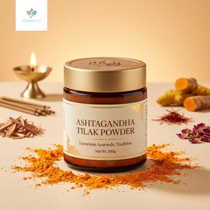 May include: A jar of Ashtagandha Tilak Powder with a wooden lid and a gold-colored band. The label reads "Luxurious Ayurvedic Tradition" and "Net Wt. 100g". Turmeric, saffron, and rose petals are scattered around the jar.