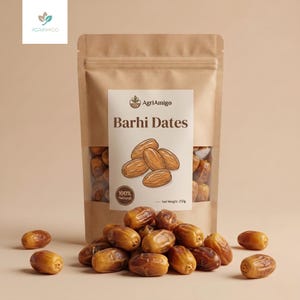 May include: A stand-up kraft paper pouch containing Barhi dates, with a label featuring the AgriAmigo logo, the text Barhi Dates, and a 100% Natural seal. The net weight is 250g. A pile of loose, light brown, oval-shaped dates sits in front.
