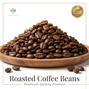 May include: A wooden bowl overflowing with roasted coffee beans. The beans are a deep brown hue. The text "Roasted Coffee Beans" and "Premium Quality Product" is displayed below the bowl. A gold seal reads "100% Natural".