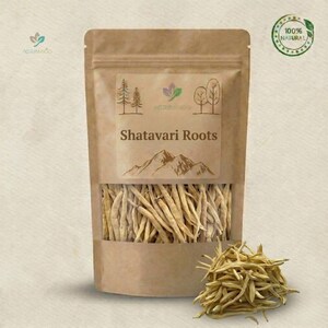 Puede incluir: Una bolsa de papel marr&oacute;n con una ventana transparente que muestra ra&iacute;ces de Shatavari. La etiqueta presenta una ilustraci&oacute;n de monta&ntilde;a y el texto "Shatavari Roots". Un peque&ntilde;o mont&oacute;n de ra&iacute;ces est&aacute; frente a la bolsa. La bolsa tiene un sello "100% Natural".