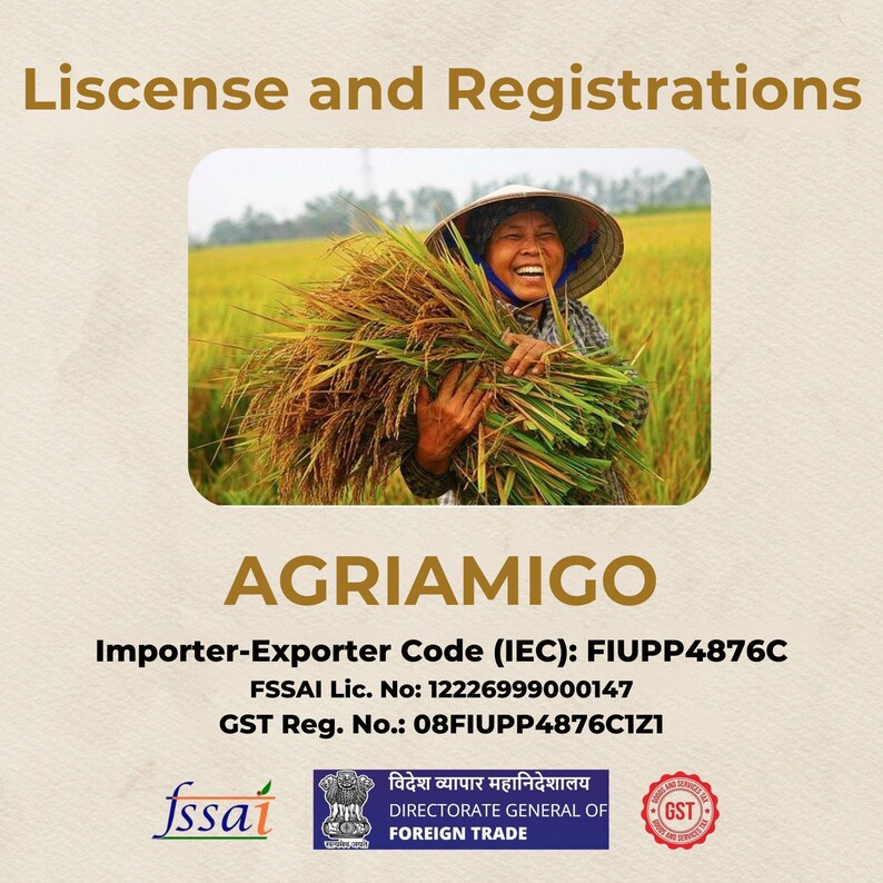 Puede incluir: Imagen de una persona sonriente con un sombrero c&oacute;nico sosteniendo un manojo de arroz cosechado en un campo. La imagen incluye el texto "Liscense and Registrations" y "AGRIAMIGO" con detalles de importaci&oacute;n y registro.