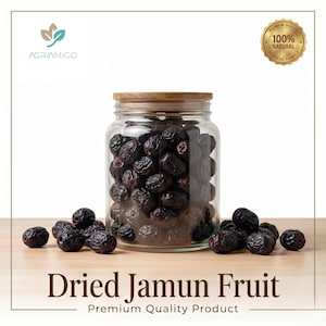 May include: A clear glass jar with a wooden lid filled with dark purple dried jamun fruit. Several individual dried fruits are scattered in front of the jar. The text "AgriAmigo" and "Dried Jamun Fruit Premium Quality Product" are visible.