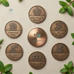 May include: A collection of bronze-colored circular medallions with embossed text and botanical illustrations. The medallions state "100% Pure & Natural", "Chemical Free", "No Preservatives Added", "No Added Additives", "Clean & Sorted", and "Non-GMO". The brand name "AGRIAMIGO" is also visible.