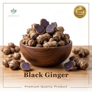 May include: A wooden bowl filled with black ginger, some pieces cut to reveal the purple interior. The text "Black Ginger" and "Premium Quality Product" are displayed below the bowl. A "100% Natural" seal is in the top right corner.