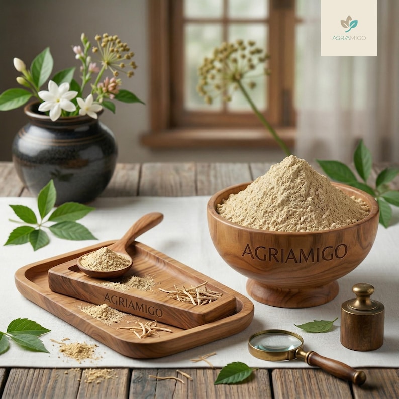 May include: A wooden bowl and serving tray filled with a light brown powder, with the text "AGRIAMIGO" on the bowl and tray. A wooden spoon, a small brass weight, and a magnifying glass are also present.