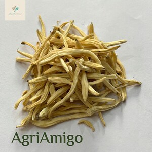 Puede incluir: Un mont&oacute;n de capullos de lirio secos, de color amarillo claro. La imagen presenta una vista de cerca de los capullos secos, con algunos trozos sueltos alrededor del mont&oacute;n principal. El texto "AgriAmigo" es visible en la parte inferior de la imagen.