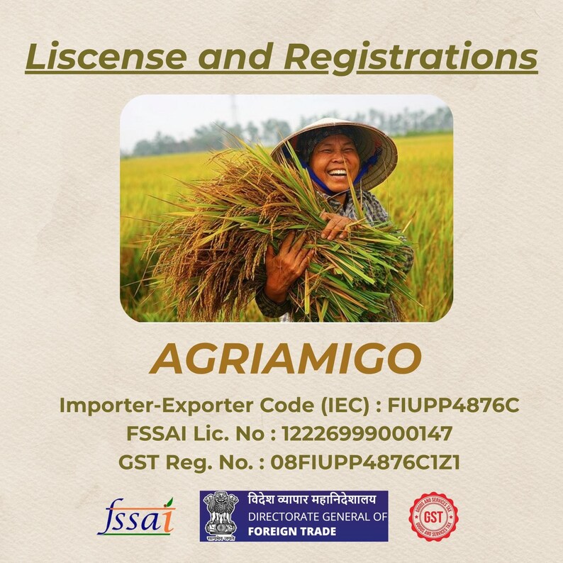 Peut inclure: Image avec le texte "Liscense and Registrations" et "AGRIAMIGO". Elle montre une personne portant un chapeau conique tenant une botte de riz r&eacute;colt&eacute;. L'image comprend &eacute;galement du texte sur les codes d'import-export et les enregistrements gouvernementaux.