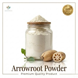 May include: A glass jar containing white arrowroot powder, with a wooden lid. Two lotus roots are beside the jar, one sliced to reveal the inside. The text "Arrowroot Powder" and "Premium Quality Product" are displayed below.