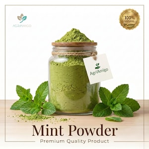 May include: A glass jar filled with green mint powder, topped with a wooden lid, and a white tag with the AgriAmigo logo. Fresh mint sprigs are arranged around the jar. The words "Mint Powder" and "Premium Quality Product" are displayed below.