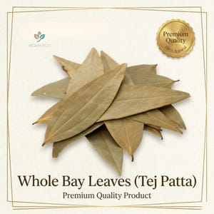 May include: A pile of whole bay leaves, also known as Tej Patta, with a light brown color. The leaves are arranged in a starburst pattern. The image includes a gold seal that says "Premium Quality 100% Natural".
