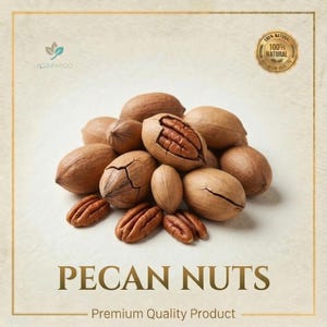 Könnte beinhalten: Nahaufnahme von Pekannüssen, einige geschält, die ihre hellbraune Farbe und Kerne zeigen. Das Bild enthält den Text "PECAN NUTS" und "Premium Quality Product", sowie ein goldenes Siegel mit der Aufschrift "100% Natural".
