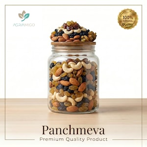 May include: A clear glass jar filled with a mix of nuts and dried fruits, including cashews, almonds, and raisins. The jar is topped with a wooden lid and more of the same mix. The text "Panchmeva" and "Premium Quality Product" are at the bottom.