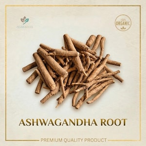 May include: A pile of ashwagandha root pieces, light brown in color, are displayed on a cream-colored background. The text "ASHWAGANDHA ROOT" is printed in gold, with "PREMIUM QUALITY PRODUCT" below. A logo and the words "100% ORGANIC" are also visible.