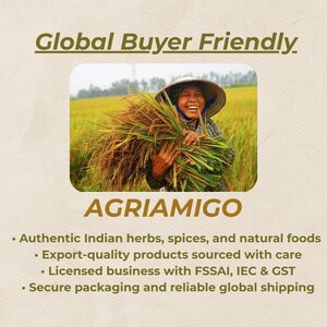 Peut inclure: Image publicitaire pour AGRIAMIGO, proposant des herbes, &eacute;pices et aliments naturels indiens. L'image montre une personne avec un chapeau conique tenant des r&eacute;coltes dans un champ. Le texte comprend "Global Buyer Friendly".
