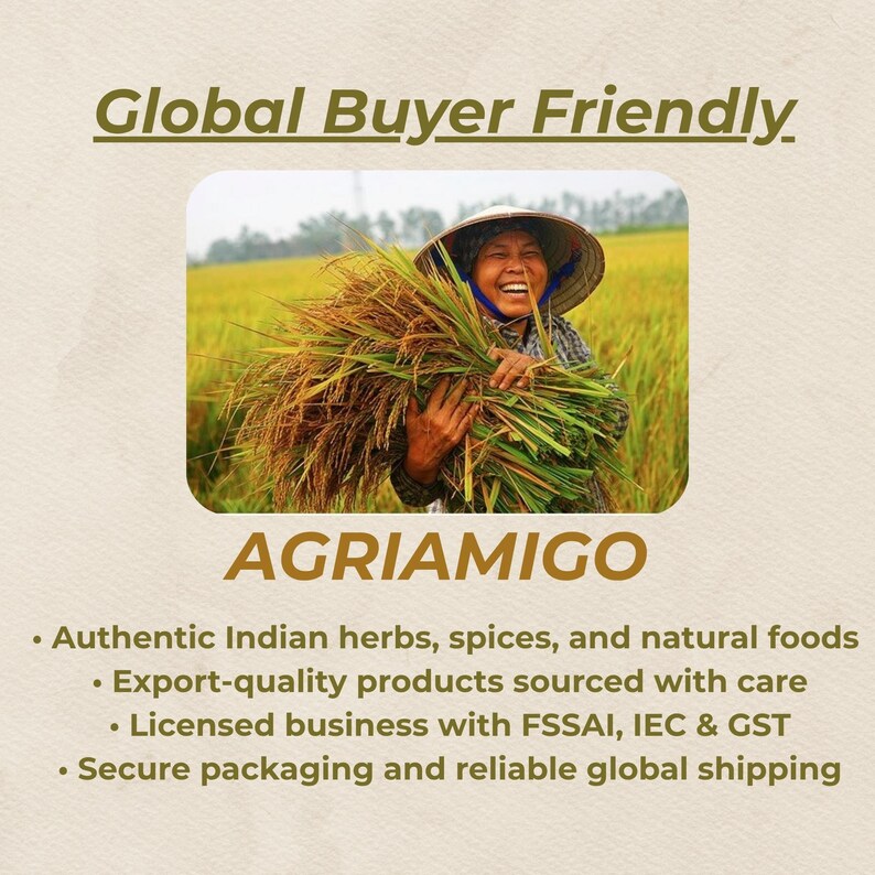 Peut inclure: Image publicitaire pour AGRIAMIGO, proposant des herbes, &eacute;pices et aliments naturels indiens. L'image montre une personne avec un chapeau conique tenant des r&eacute;coltes dans un champ. Le texte comprend "Global Buyer Friendly".