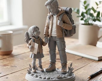 Father Daughter Adventure Figurine, Hand-Painted Desktop Sculpture, Unique Parent Child Keepsake for Desk Decor