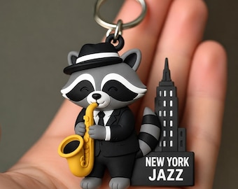Jazz Saxophonist Raccoon Keychain, Hand-Painted 3D Printed Musician Charm, Single Street Performer Figurine Gift