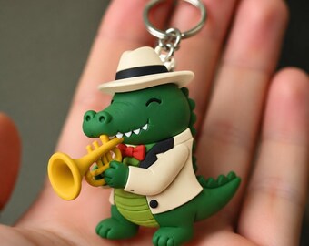 Louisiana Jazz Alligator Keychain, Hand-Painted Brass Trumpet Charm, Musician Gift for Horn Players