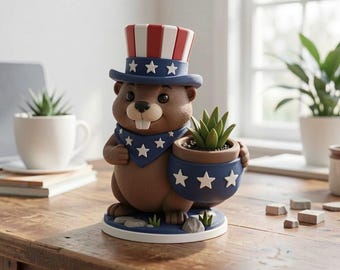 Patriotic Beaver Desktop Figurine, Hand Painted 3D Printed USA Animal Statue, Fourth of July Office Decor