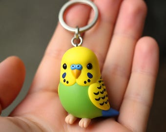 Budgerigar Bird Figurine Keychain, Hand-Painted Parakeet Accessory, Single Realistic Pet Keepsake