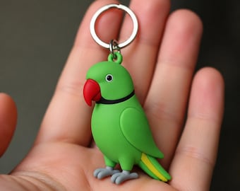 Hand-Painted Indian Ringneck Parakeet Keychain, 3D Printed Bird Charm, Vibrant Parrot Accessory