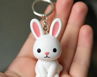 Articulated Rabbit Keychain, Hand Painted Bunny Bag Charm, Single Animal Figurine Key Fob