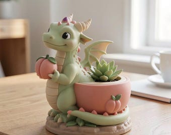 Peach Dragon Planter Figurine, Hand Painted Desktop Sculpture, Unique 3D Printed Fruit Fantasy Decor