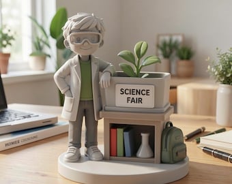 Science Fair Project Planter Figurine, Detailed Desktop STEM Decor, Hand-Painted Miniature Science Display
