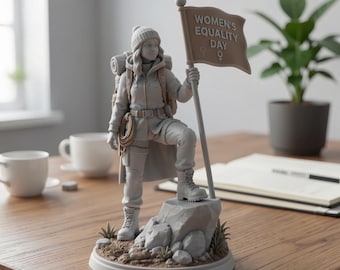 Female Mountain Climber Desktop Figurine, Hand Painted 3D Printed Adventure Decor for Desk, Unique Miniature Woman Mountaineer Statue