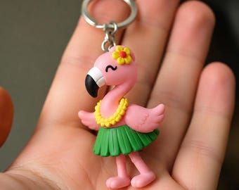 Tropical Flamingo Hula Dancer Figurine Keychain, Hand Painted Island Bird Accessory