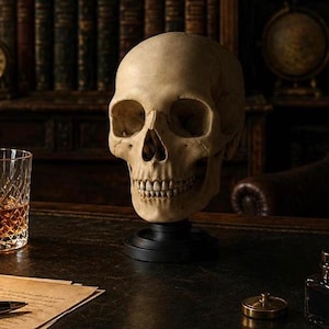 English Nobleman Skull Sculpture – Aristocratic Memento Mori, Gothic Study Decor (Stand Included)
