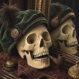 English Nobleman Skull Replica, Hand-Finished Aged Bone Sculpture, Gothic Study Decor, (Stand Included)