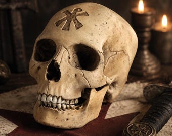 Réplica de cráneo de caballeros templarios, decoración medieval de cruzados, memento mori gótico, escultura de cráneo humano