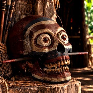 May include: A decorative skull sculpture featuring hand-painted patterns in brown, black, and cream. The skull has prominent circular eye sockets with dark centers and a thin rod passing horizontally through the cheek area and jawline.