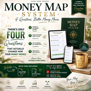 Könnte beinhalten: Das Finanzplanungs-Set Money Map System enthält ein dunkelgrünes Hardcover-Buch, ein Tablet und ein Smartphone mit digitalen Vorlagen. Ein goldener Becher mit Text steht daneben. Das Layout zeigt vier Schlüsselfragen, Optionen für US Letter und A4 21 x 29,7 cm sowie Anleitungen für die digitale oder gedruckte Nutzung.