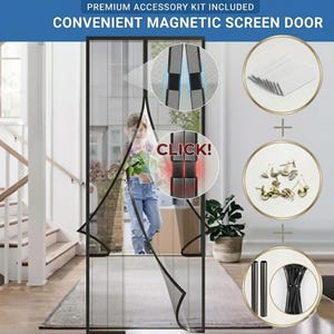 Könnte beinhalten: Eine schwarze magnetische Fliegengittertür mit dem Text "CONVENIENT MAGNETIC SCREEN DOOR" und "PREMIUM ACCESSORY KIT INCLUDED". Das Bild zeigt ein Kind, das durch die Fliegengittertür geht. Zusätzliches Zubehör ist abgebildet, darunter Clips, Reißzwecken und Kabelbinder.