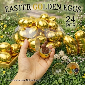 24 huevos de Pascua dorados brillantes, sorpresas de plástico rellenables, decoración de primavera