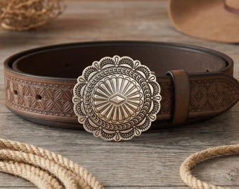 Cinturón de cuero repujado estilo western, hebilla con concho grabada, cinturón de cintura estilo suroeste.