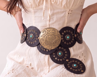 Boho Western Turquoise Waist Belt, Vintage Cowgirl Wide Corset Belt, Vegan Leather Dress Waistband, Music Festival Gift for Her