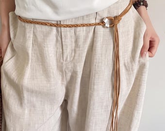 Extra Long Braided Cotton Linen Belt, Boho Waist Rope for Dresses, Double Wrap Bohemian